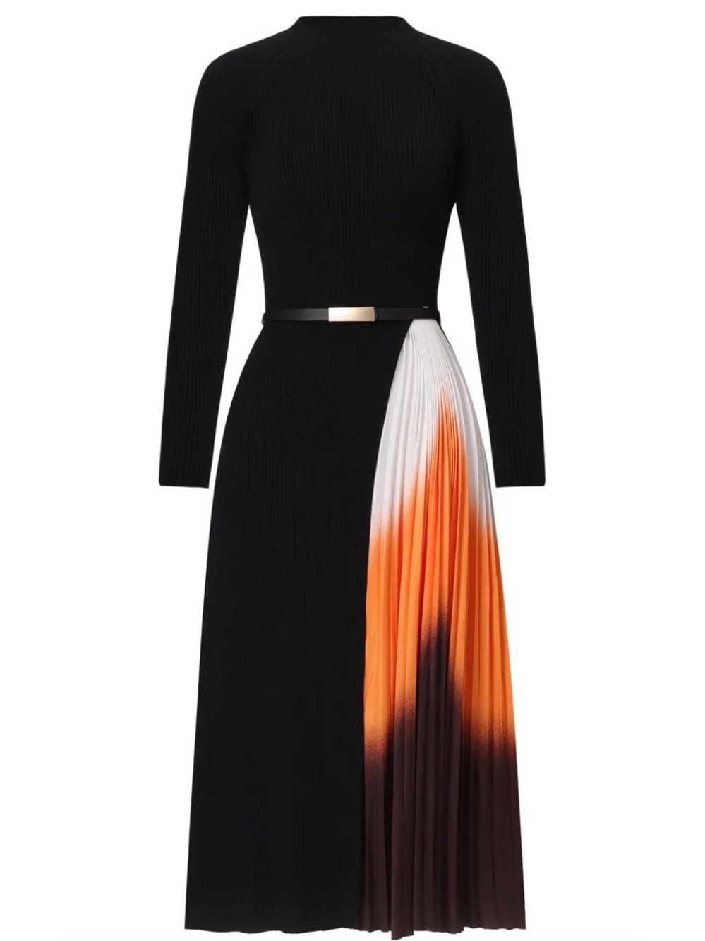 Black Long-Sleeve Midi Dress with Orange Ombre Pleated Accent